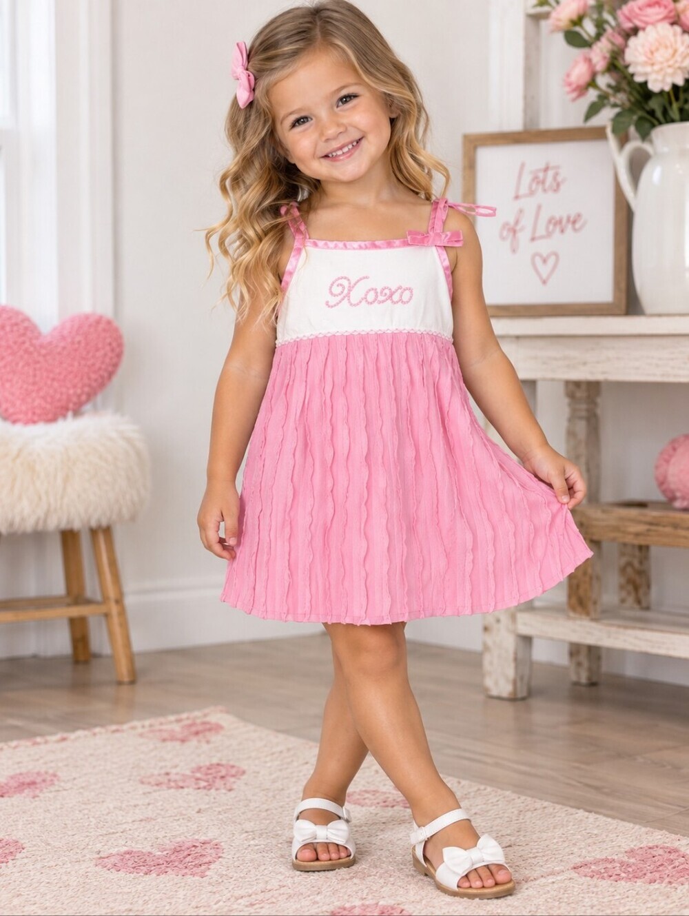 XOXO Girl's Double Strap Pink White Valentine's Day Dress 3T Ruffle Cute EUC